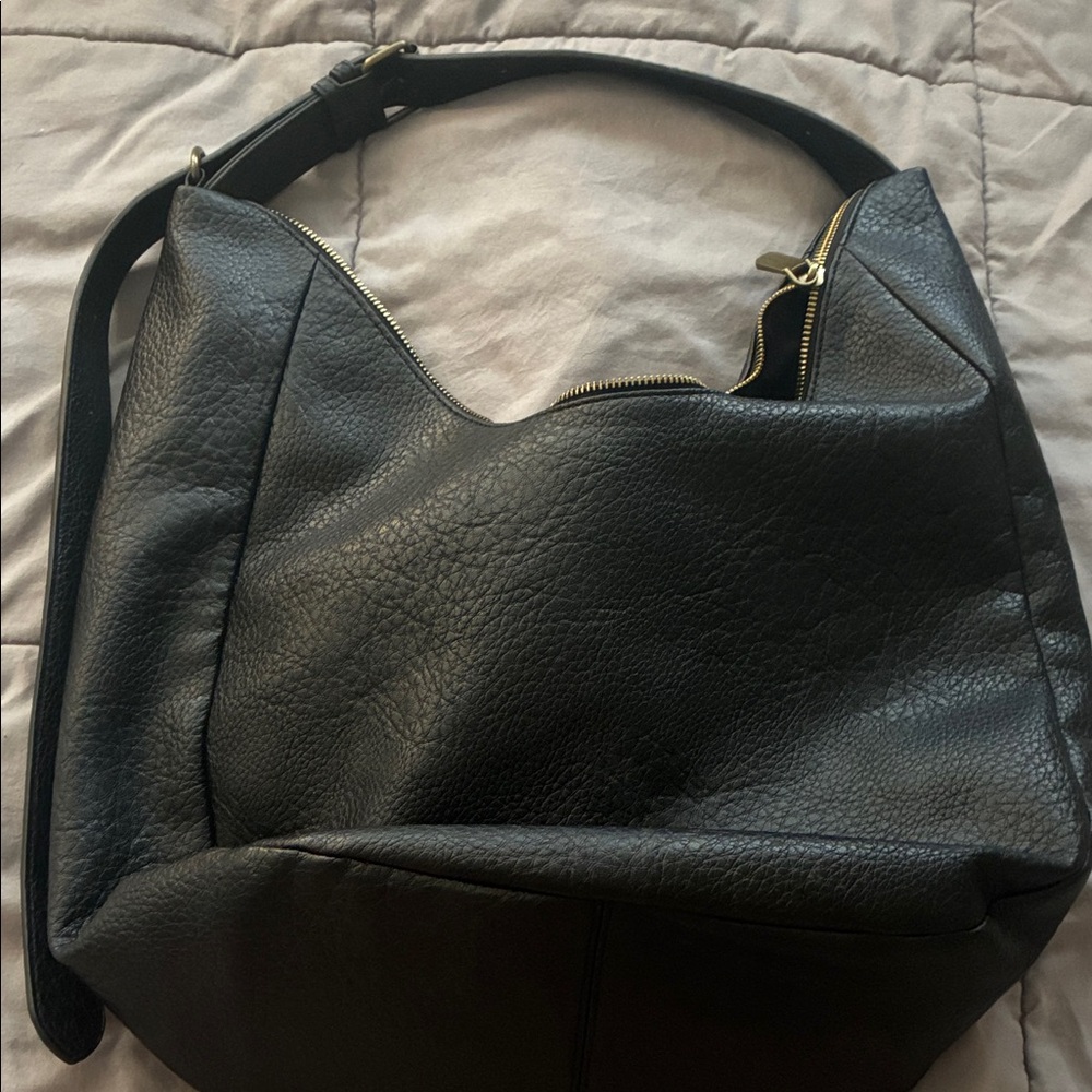 Classic Black Pebbled Leather Shoulder Bag with Gold Accents